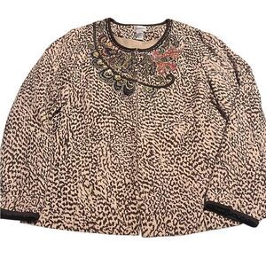 Chico's Sequin Tan Animal Print Long Sleeves Jacket Size Large